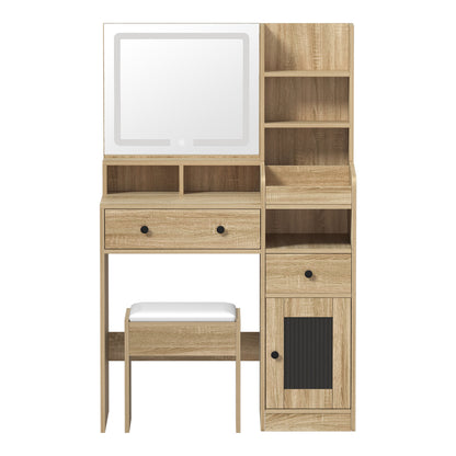 Oikiture Dressing Table Stool Set LED Light Natural-Dressing Table-PEROZ Accessories