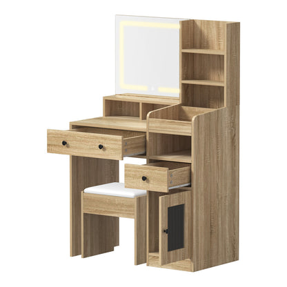 Oikiture Dressing Table Stool Set LED Light Natural-Dressing Table-PEROZ Accessories