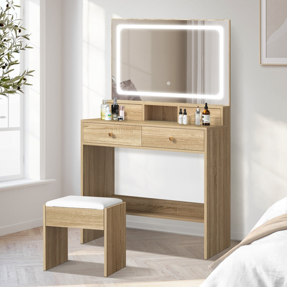 Oikiture Dressing Table Stool Set LED Mirror Natural-Dressing Table-PEROZ Accessories