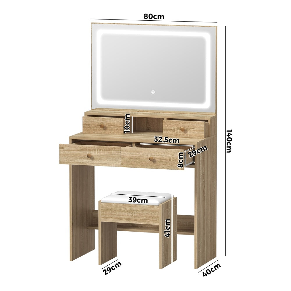 Oikiture Dressing Table Stool Set LED Mirror Natural-Dressing Table-PEROZ Accessories