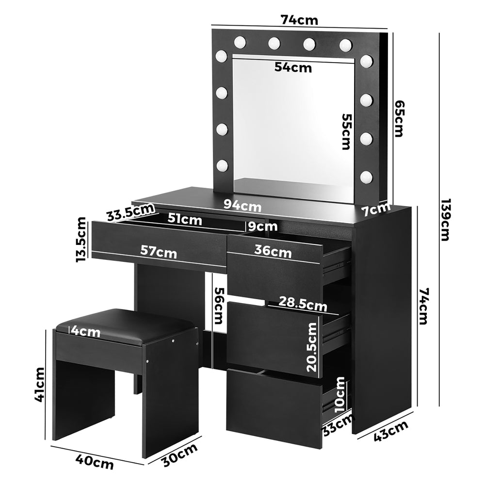 Oikiture Dressing Table Stool Set Makeup Desk Mirror Storage Drawer 12 LED Bulbs Black-Dressing Tables-PEROZ Accessories
