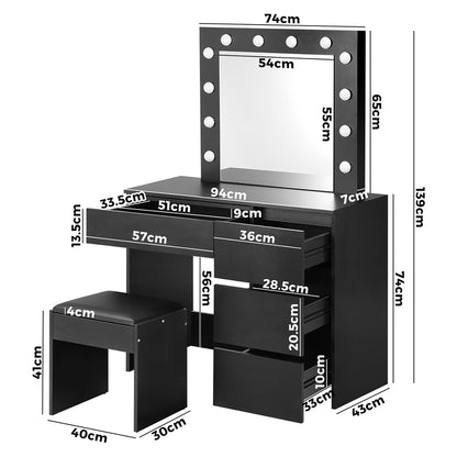Oikiture Dressing Table Stool Set Makeup Desk Mirror Storage Drawer 12 LED Bulbs Black-Dressing Tables-PEROZ Accessories