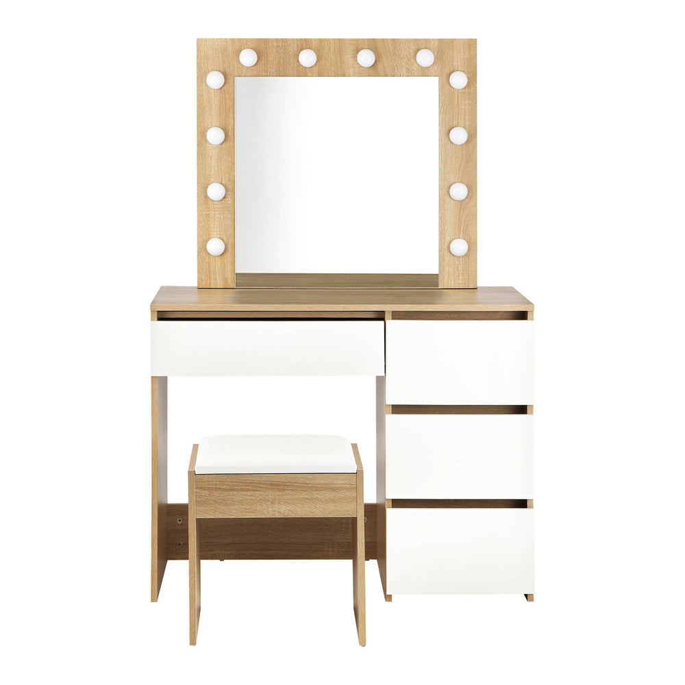 Oikiture Dressing Table Stool Set Makeup Desk Mirror Storage Drawer 12 LED Bulbs Wooden and White-Dressing Tables-PEROZ Accessories