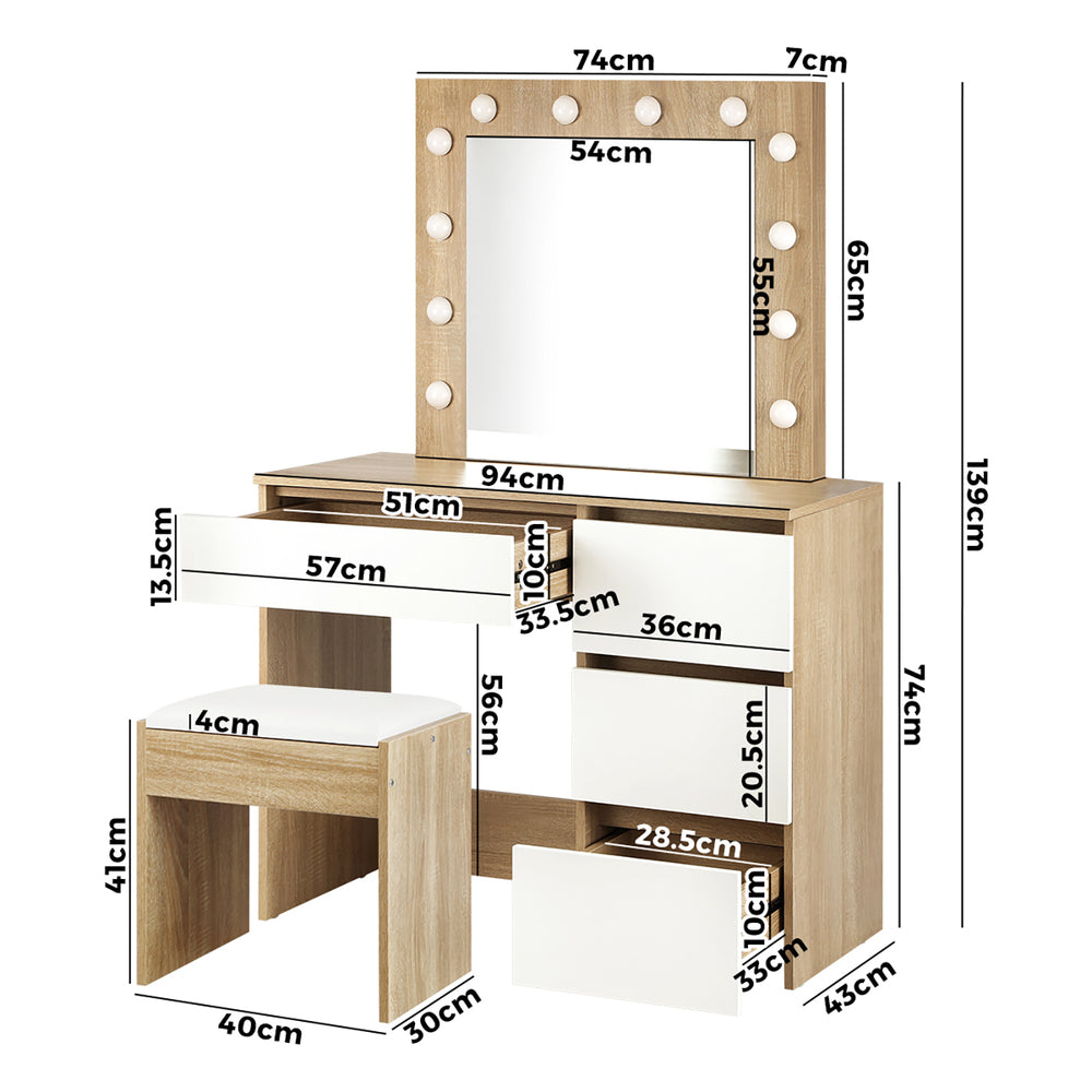 Oikiture Dressing Table Stool Set Makeup Desk Mirror Storage Drawer 12 LED Bulbs Wooden and White-Dressing Tables-PEROZ Accessories