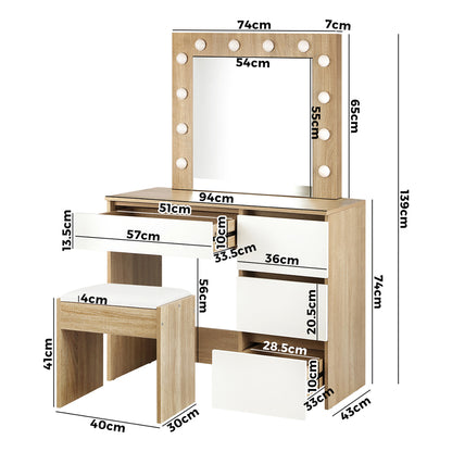 Oikiture Dressing Table Stool Set Makeup Desk Mirror Storage Drawer 12 LED Bulbs Wooden and White-Dressing Tables-PEROZ Accessories