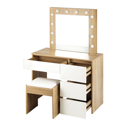 Oikiture Dressing Table Stool Set Makeup Desk Mirror Storage Drawer 12 LED Bulbs Wooden and White-Dressing Tables-PEROZ Accessories