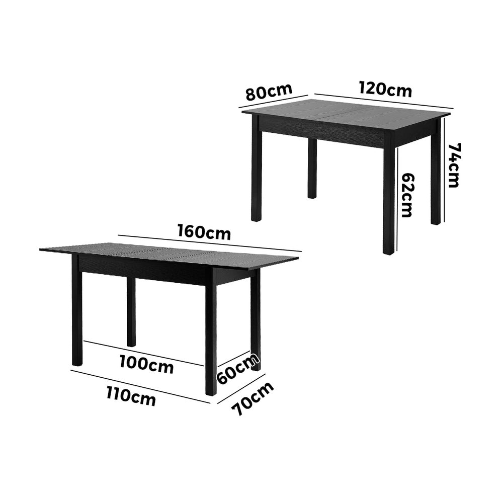 Oikiture Extendable Dining Table 1.2-1.6m Wooden Kitchen Table Black-Dining Table-PEROZ Accessories