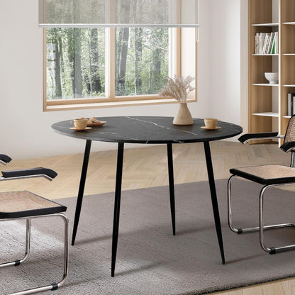 Oikiture 110cm Dining Table With Marble Effect Round Wooden Grey&amp;Black-Dining Tables-PEROZ Accessories