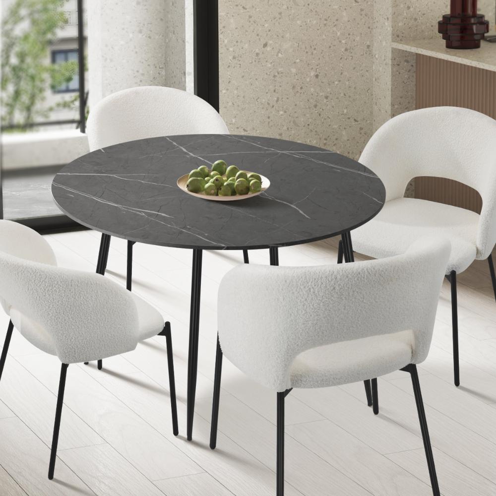 Oikiture 110cm Dining Table With Marble Effect Round Wooden Grey&amp;Black-Dining Tables-PEROZ Accessories
