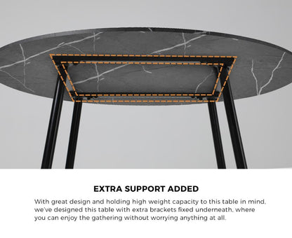 Oikiture 110cm Dining Table With Marble Effect Round Wooden Grey&amp;Black-Dining Tables-PEROZ Accessories