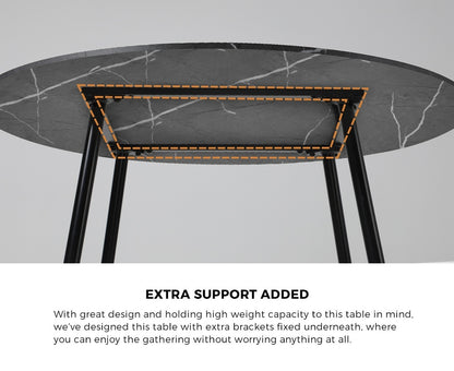 Oikiture 110cm Dining Table With Marble Effect Round Wooden Grey&amp;Black-Dining Tables-PEROZ Accessories