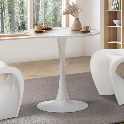 Oikiture 60cm Dining Table Kitchen Marble Tulip Round Metal Leg White-Dining Table-PEROZ Accessories