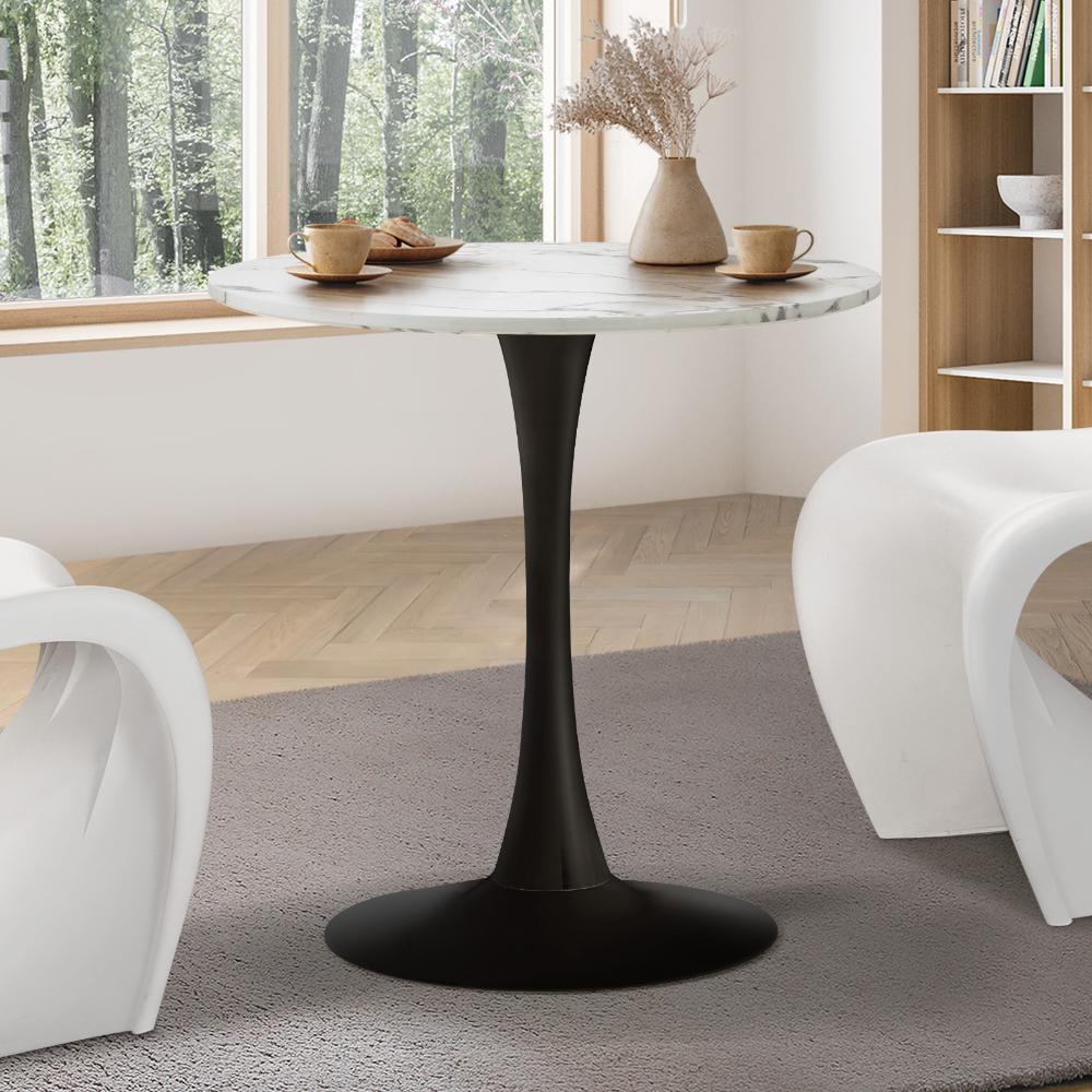 Oikiture 60cm Dining Table Kitchen Marble Tulip Round Metal Leg White&amp;Black-Dining Table-PEROZ Accessories
