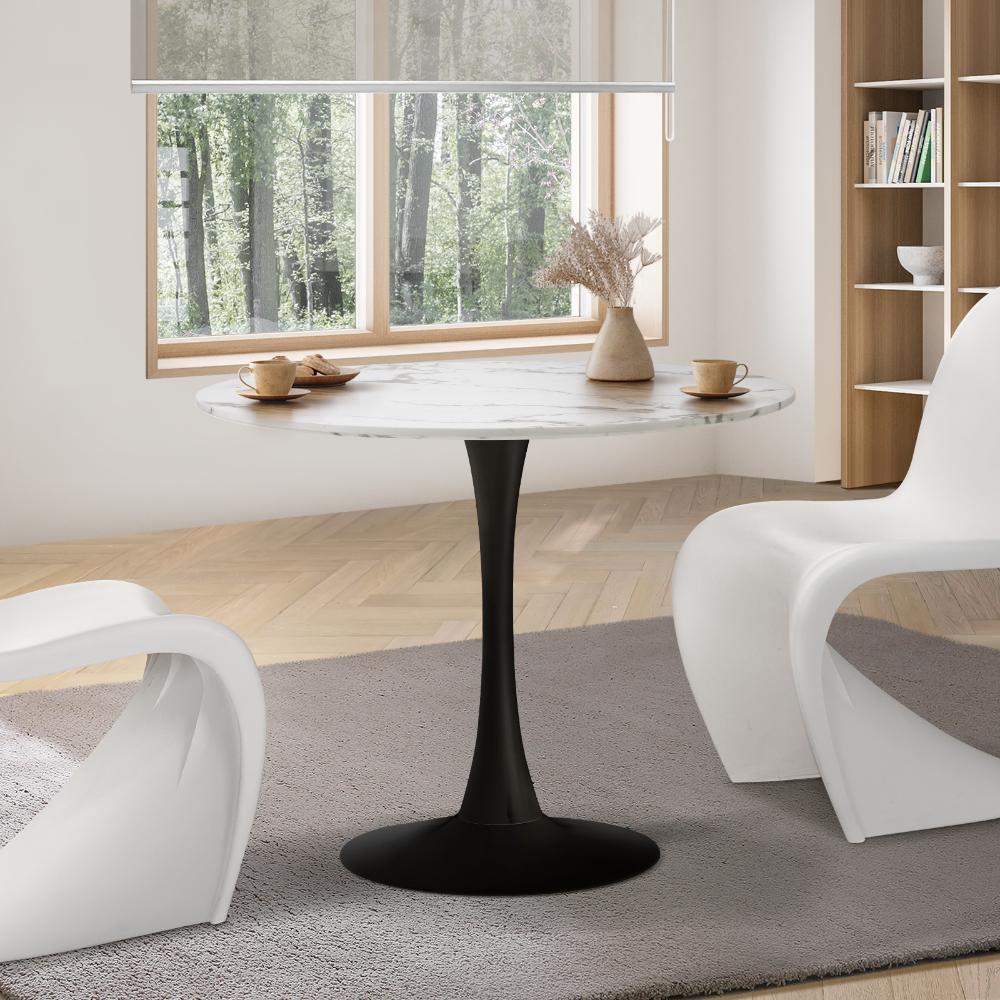 Oikiture 90cm Dining Table Kitchen Marble Tulip Round Metal Leg White&amp;Black-Dining Table-PEROZ Accessories