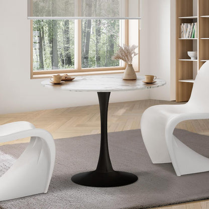 Oikiture 90cm Dining Table Kitchen Marble Tulip Round Metal Leg White&amp;Black-Dining Table-PEROZ Accessories