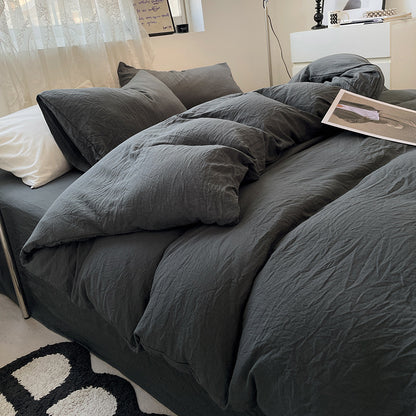 Dark Grey Solid Color Solid Color Solid Color 1.5m Bed Fitted Sheet Set with 200x230cm Duvet Cover - 4-Piece Bedding Set-Home &amp; Garden > Bedding > Bed Sheets-PEROZ Accessories