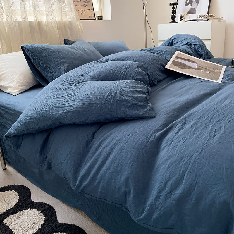 Dark-blue Solid Color Solid Color Solid Color 1.5m Bed Fitted Sheet Set with 200x230cm Duvet Cover - 4-Piece Bedding Set-Home &amp; Garden > Bedding > Bed Sheets-PEROZ Accessories