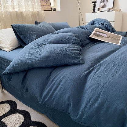 Dark-blue Solid Color Solid Color Solid Color 1.5m Bed Fitted Sheet Set with 200x230cm Duvet Cover - 4-Piece Bedding Set-Home &amp; Garden > Bedding > Bed Sheets-PEROZ Accessories