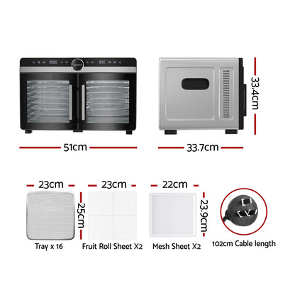 Devanti 16 Trays Food Dehydrator Dual-Zone Stainless Steel-Appliances > Kitchen Appliances > Food Dehydrators-PEROZ Accessories