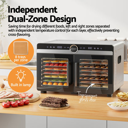 Devanti 16 Trays Food Dehydrator Dual-Zone Stainless Steel-Appliances > Kitchen Appliances > Food Dehydrators-PEROZ Accessories