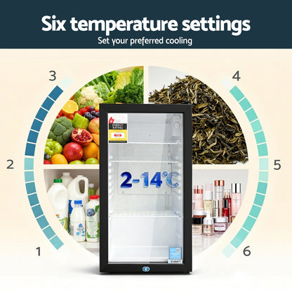 Devanti 78L Bar Fridge Glass Door Mini Fridge Countertop Cooler Black-Appliances > Fridges &amp; Freezers > Fridges-PEROZ Accessories