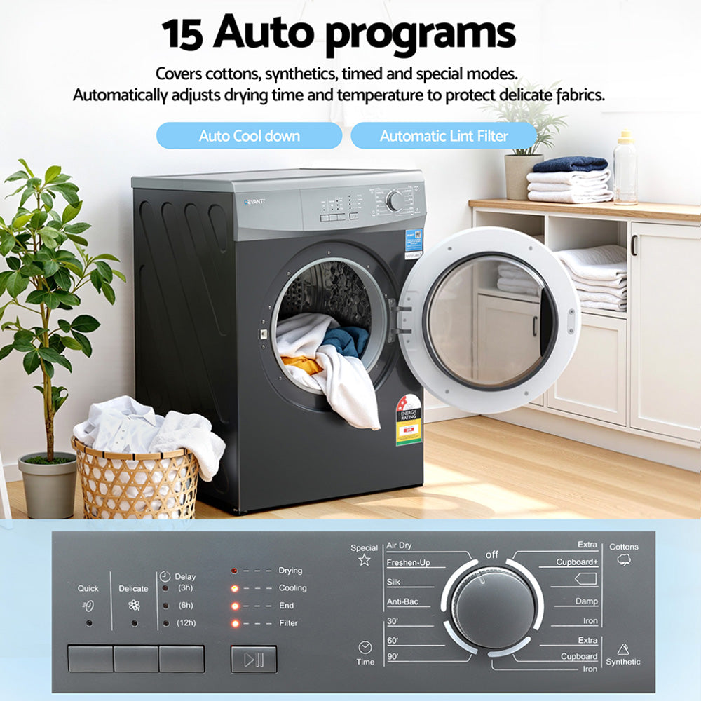 Devanti 7kg Tumble Dryer Vented 15 Auto Programs - Grey-Appliances > Washers, Dryers &amp; Irons > Dryers-PEROZ Accessories