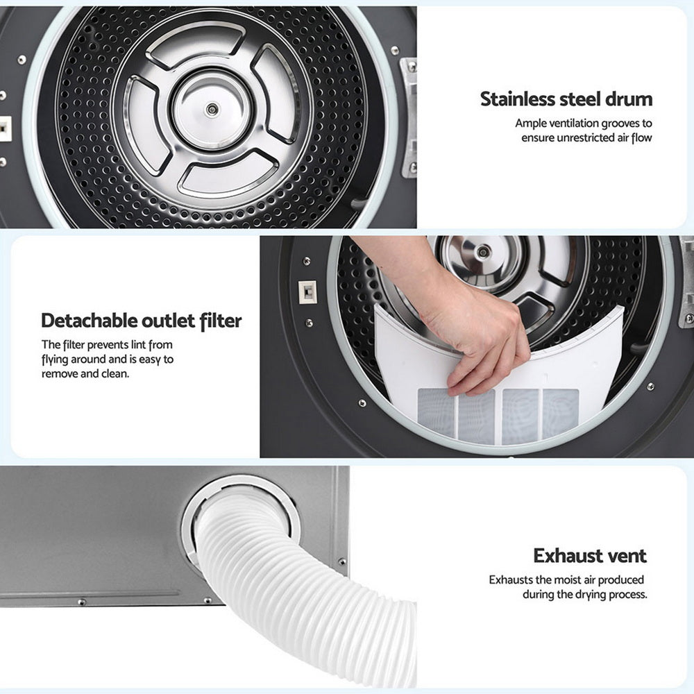 Devanti 7kg Tumble Dryer Vented 15 Auto Programs - Grey-Appliances > Washers, Dryers &amp; Irons > Dryers-PEROZ Accessories