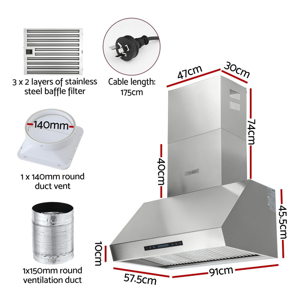Devanti 900mm Range Hood 3-Speed Fan LED Display Remote Control-Appliances > Kitchen Appliances > Cooking Ranges-PEROZ Accessories