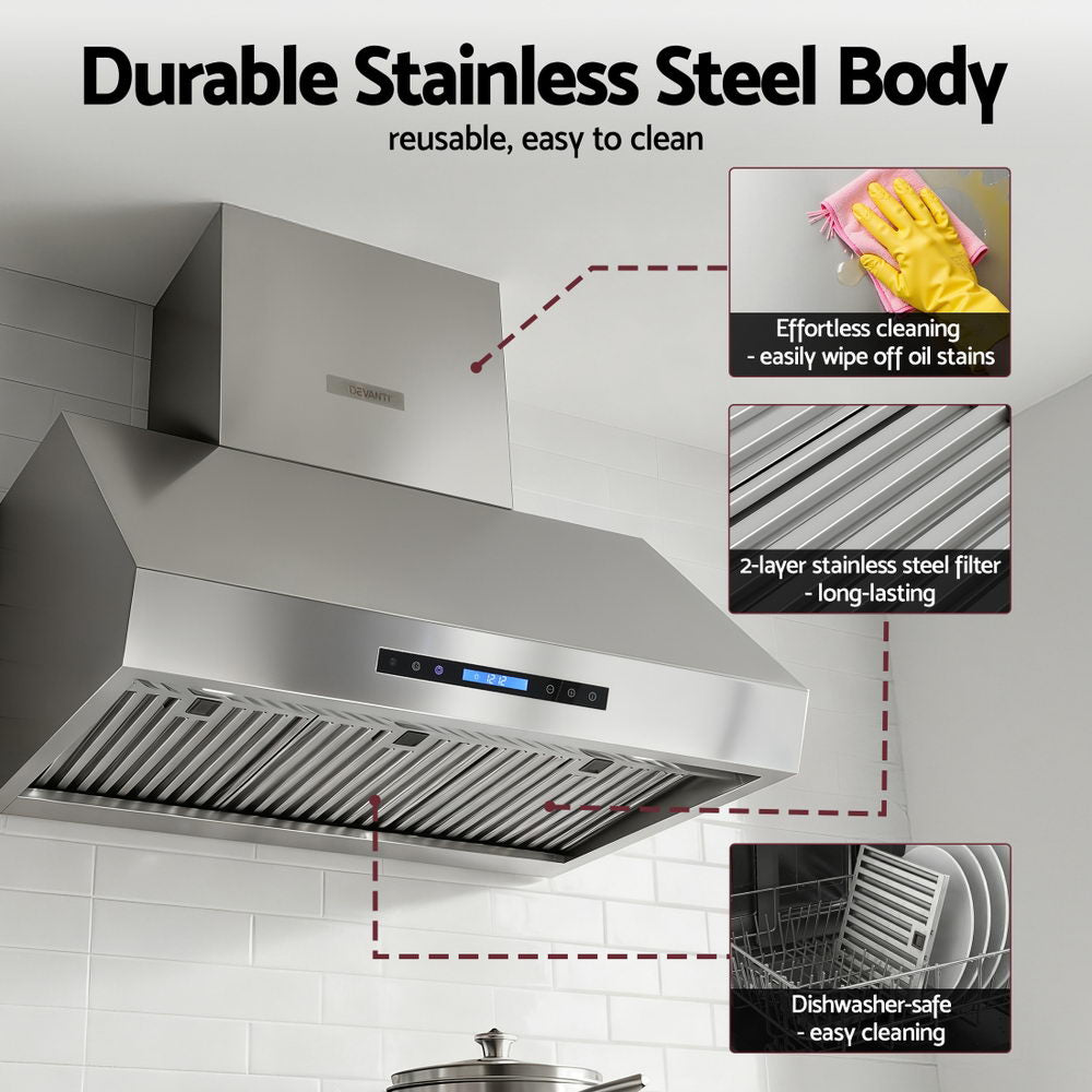 Devanti 900mm Range Hood 3-Speed Fan LED Display Remote Control-Appliances > Kitchen Appliances > Cooking Ranges-PEROZ Accessories