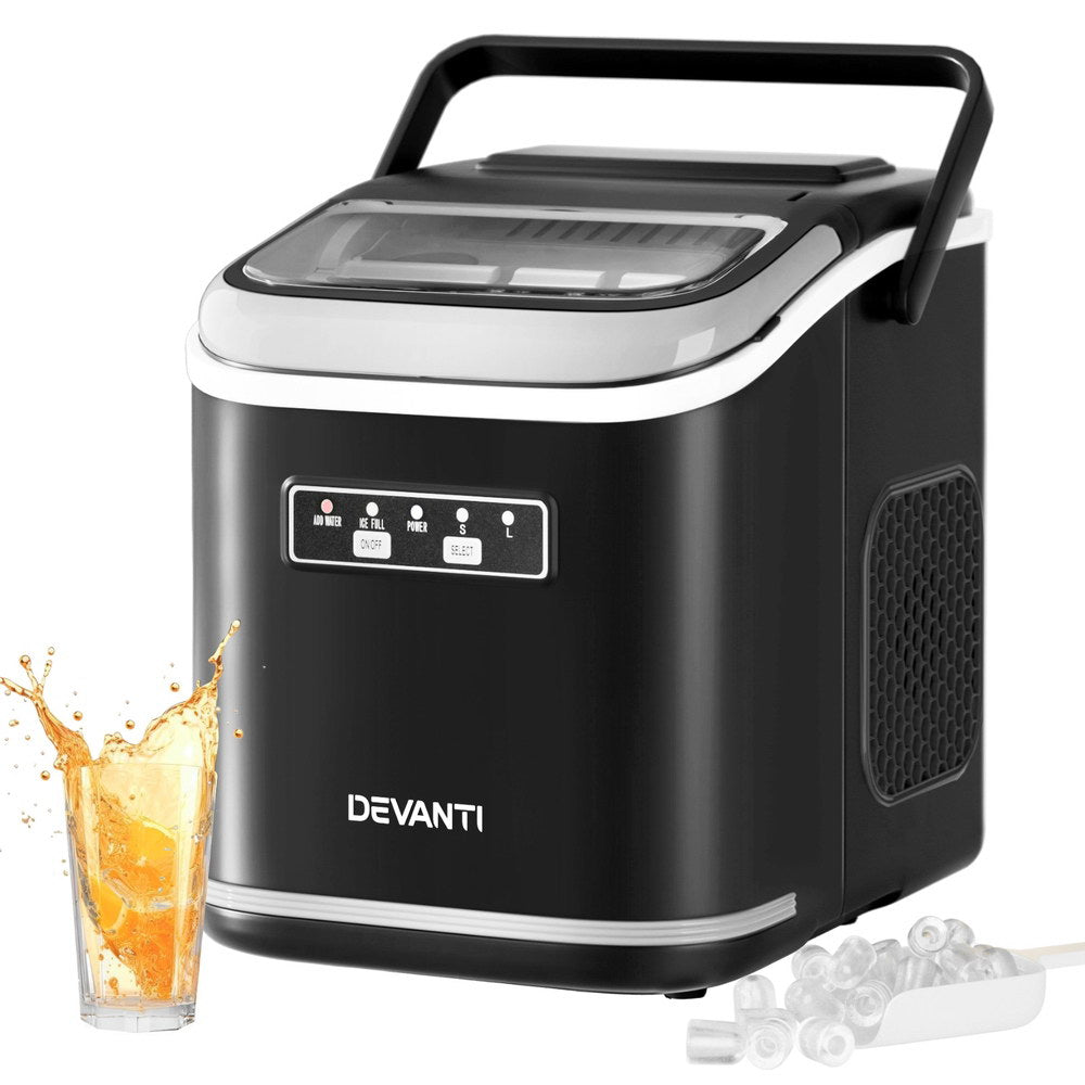 Devanti Ice Maker Machine Portable 12kg Countertop w/Self Cleaning 1.3L Black-Appliances > Kitchen Appliances > Ice Makers-PEROZ Accessories