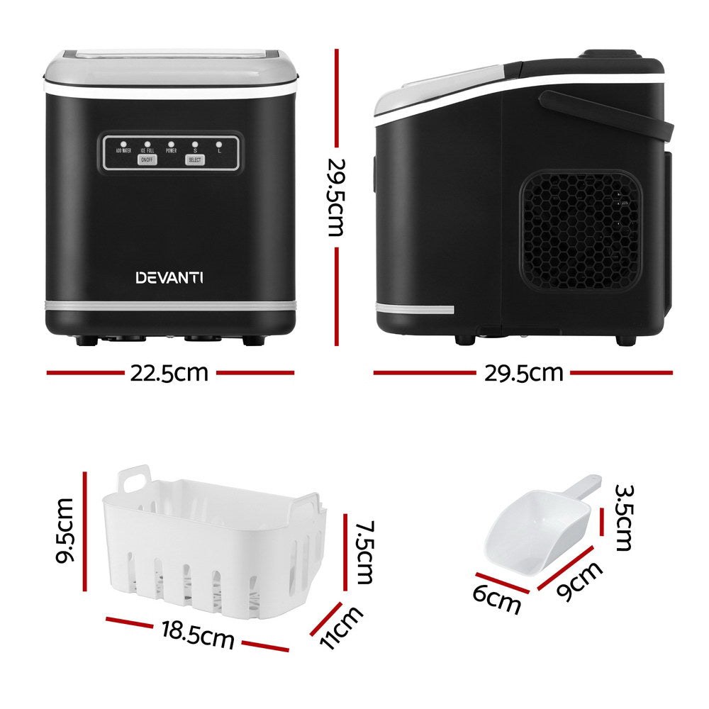 Devanti Ice Maker Machine Portable 12kg Countertop w/Self Cleaning 1.3L Black-Appliances > Kitchen Appliances > Ice Makers-PEROZ Accessories