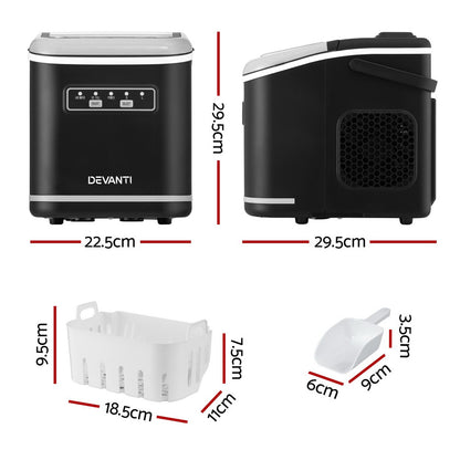 Devanti Ice Maker Machine Portable 12kg Countertop w/Self Cleaning 1.3L Black-Appliances > Kitchen Appliances > Ice Makers-PEROZ Accessories