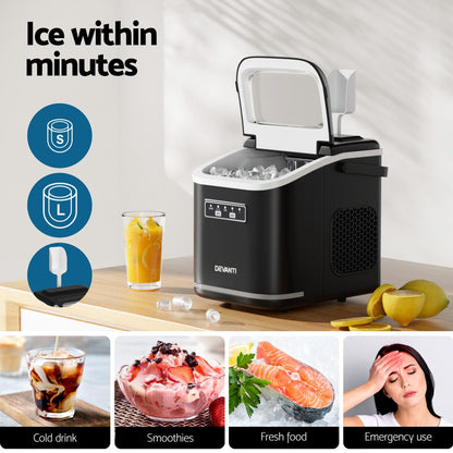 Devanti Ice Maker Machine Portable 12kg Countertop w/Self Cleaning 1.3L Black-Appliances > Kitchen Appliances > Ice Makers-PEROZ Accessories