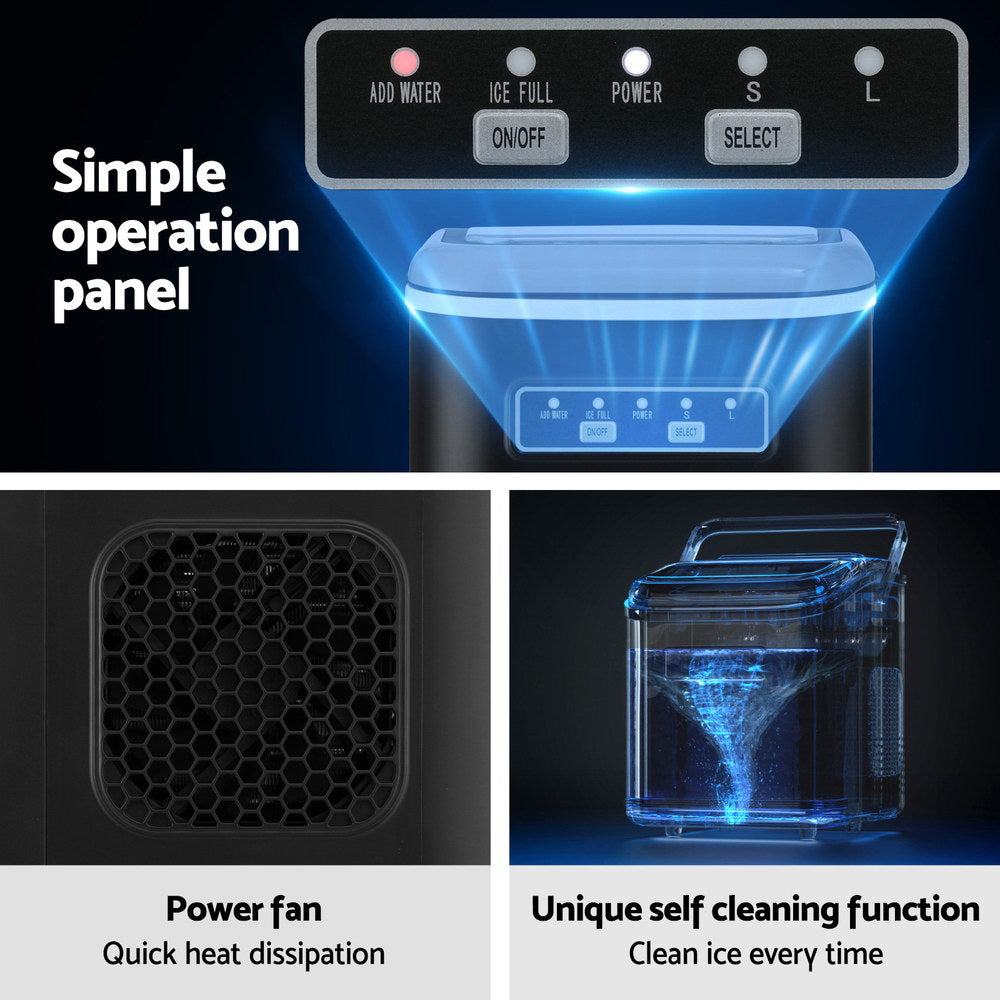 Devanti Ice Maker Machine Portable 12kg Countertop w/Self Cleaning 1.3L Black-Appliances > Kitchen Appliances > Ice Makers-PEROZ Accessories