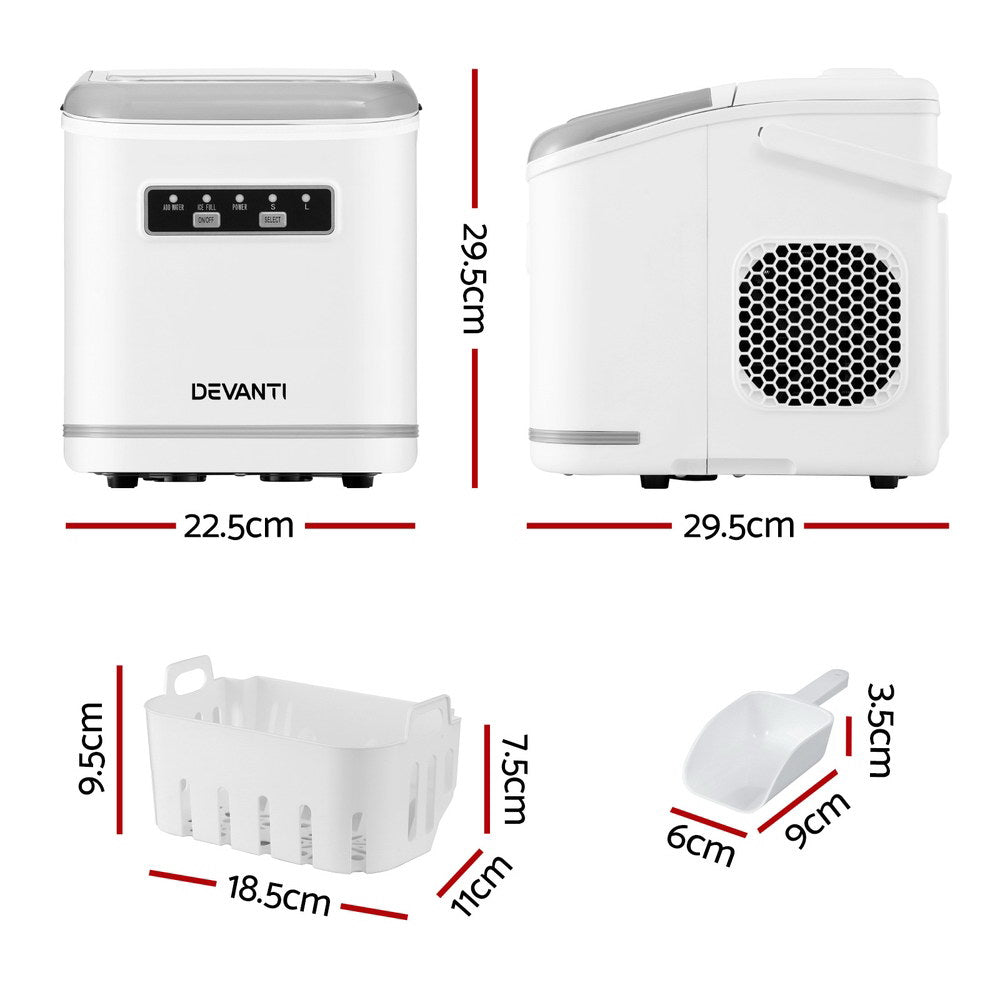 Devanti Ice Maker Machine Portable 12kg Countertop w/Self Cleaning 1.3L White-Appliances > Kitchen Appliances > Ice Makers-PEROZ Accessories