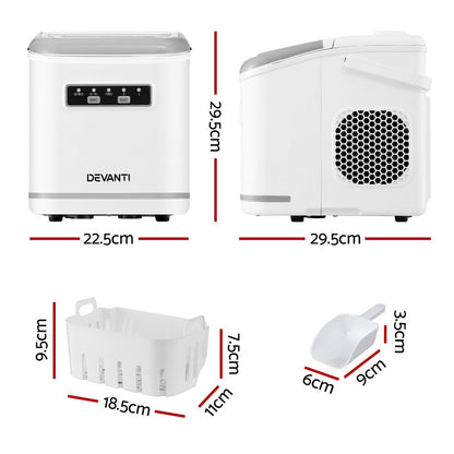 Devanti Ice Maker Machine Portable 12kg Countertop w/Self Cleaning 1.3L White-Appliances > Kitchen Appliances > Ice Makers-PEROZ Accessories