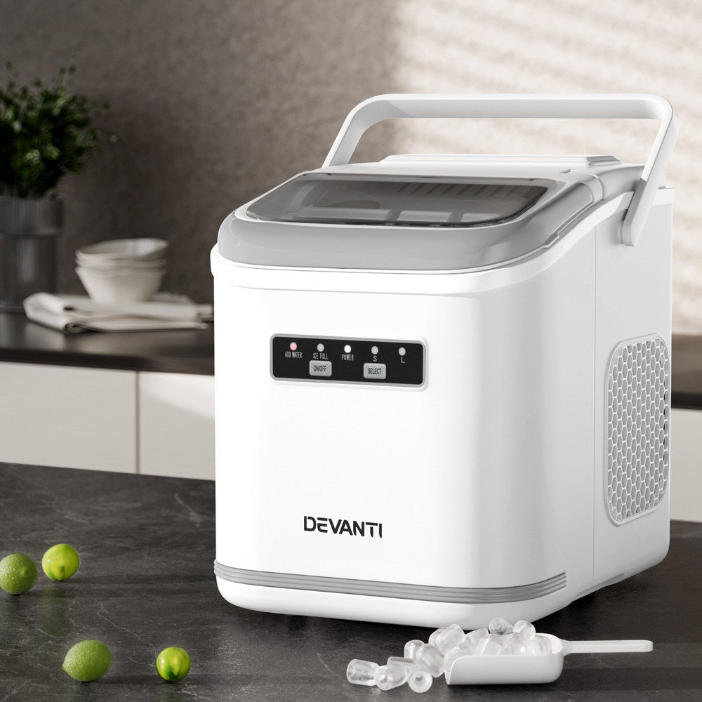 Devanti Ice Maker Machine Portable 12kg Countertop w/Self Cleaning 1.3L White-Appliances > Kitchen Appliances > Ice Makers-PEROZ Accessories