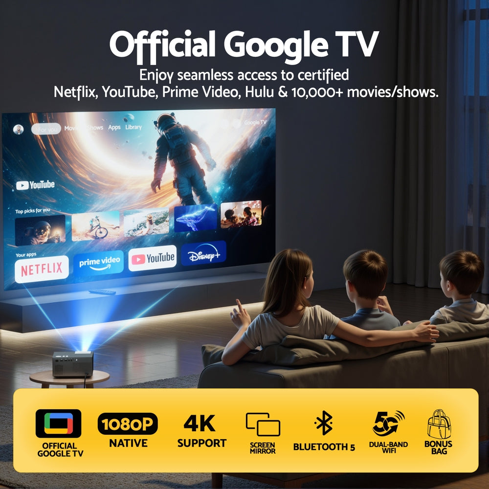 Devanti Video Project 4K 1080P Official Google TV 5G Wifi Home Cinema-Audio &amp; Video > Projectors &amp; Accessories > Projectors-PEROZ Accessories