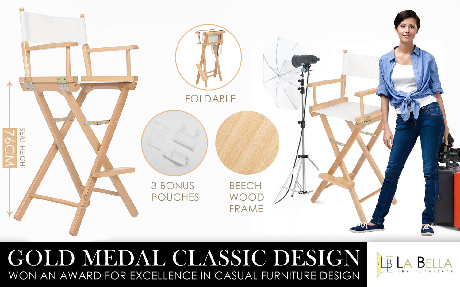 Director Movie Folding Tall Chair 76cm Beech WOOD HUMOR-Furniture > Bar Stools &amp; Chairs > Table &amp; Bar Stools-PEROZ Accessories