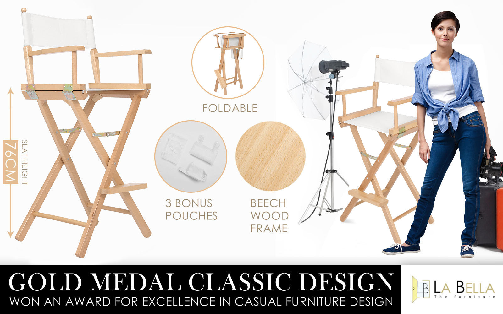 Director Movie Folding Tall Chair 76cm Beech WOOD HUMOR-Furniture > Bar Stools &amp; Chairs > Table &amp; Bar Stools-PEROZ Accessories