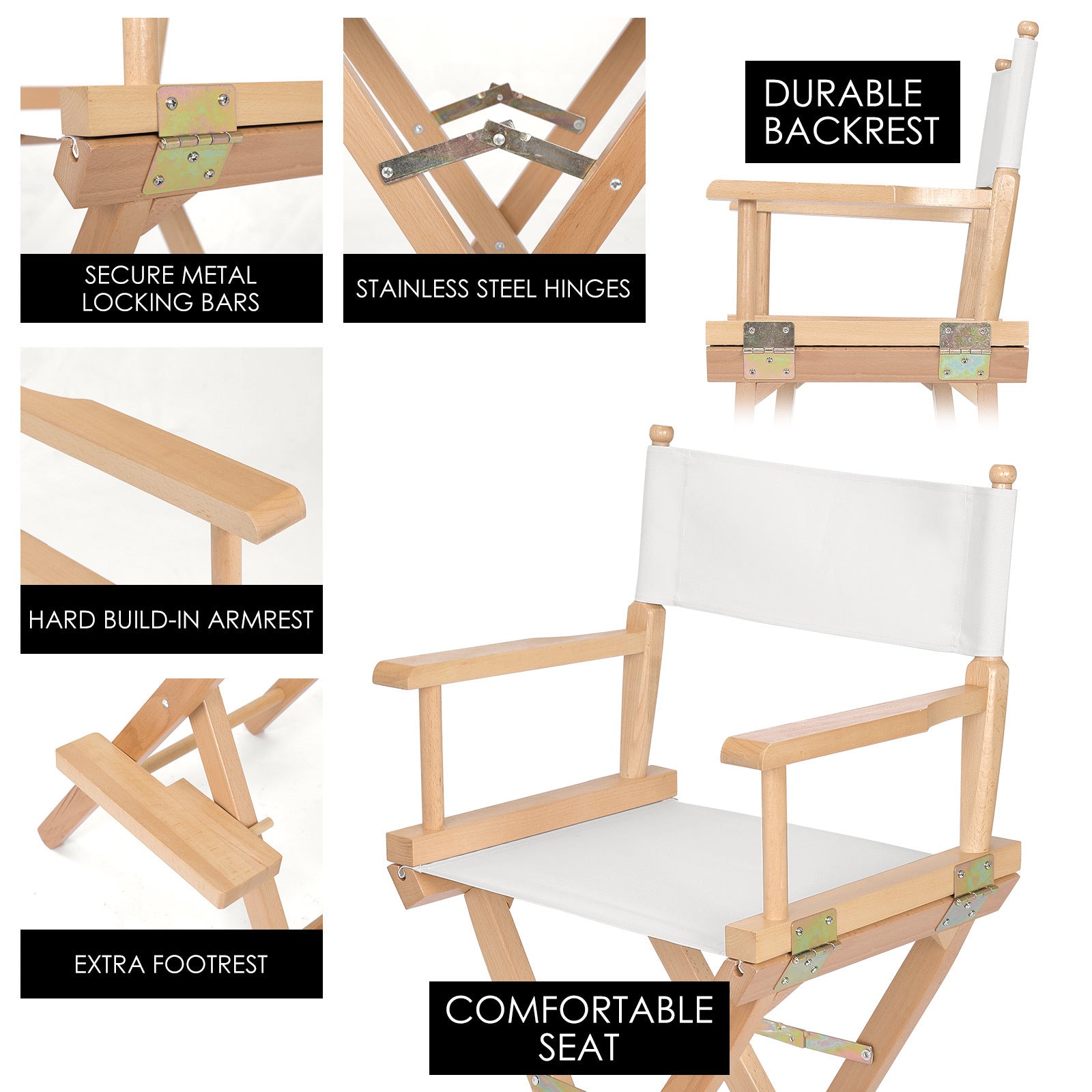 Director Movie Folding Tall Chair 76cm Beech WOOD HUMOR-Furniture > Bar Stools &amp; Chairs > Table &amp; Bar Stools-PEROZ Accessories