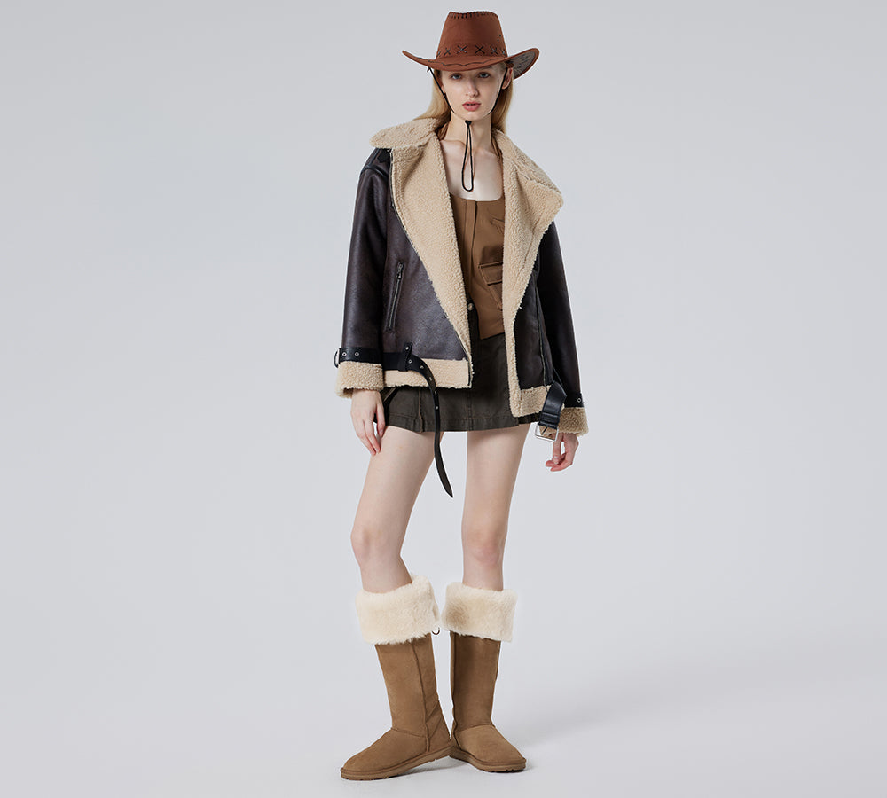 EVERAU  UGG Boots Women Double Faced Sheepskin Wool Tall Button Over-Knee Jenner