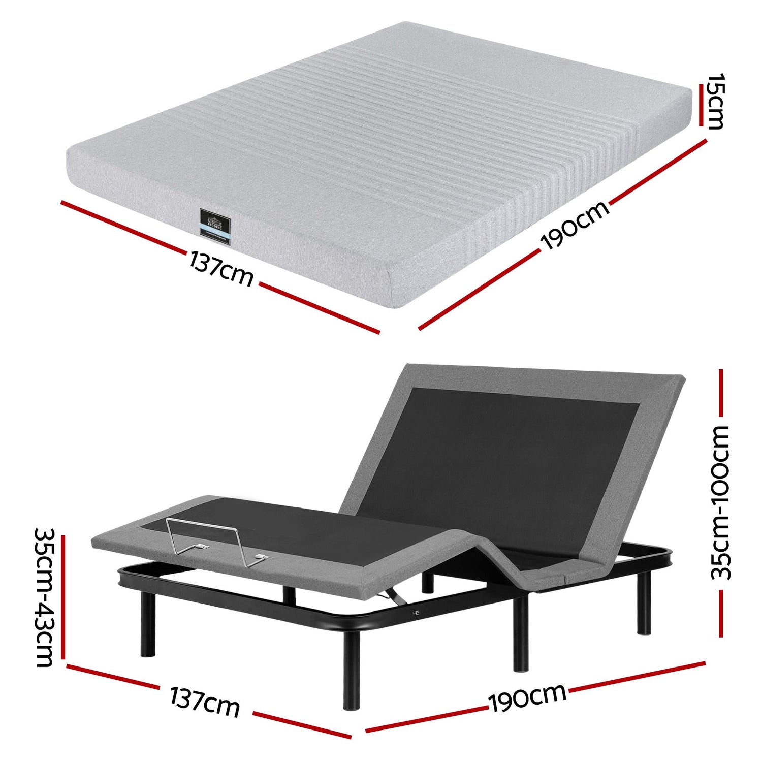 Artiss Double Bed Frame and Giselle Bedding Double Memory Foam Mattress Set, Electric Bed Base with Zero Gravity &amp; 7 Zone Cooling Comfort for Back Pain Relief, Black &amp; Grey,15cm Thickness