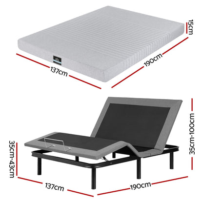Artiss Double Bed Frame and Giselle Bedding Double Memory Foam Mattress Set, Electric Bed Base with Zero Gravity &amp; 7 Zone Cooling Comfort for Back Pain Relief, Black &amp; Grey,15cm Thickness