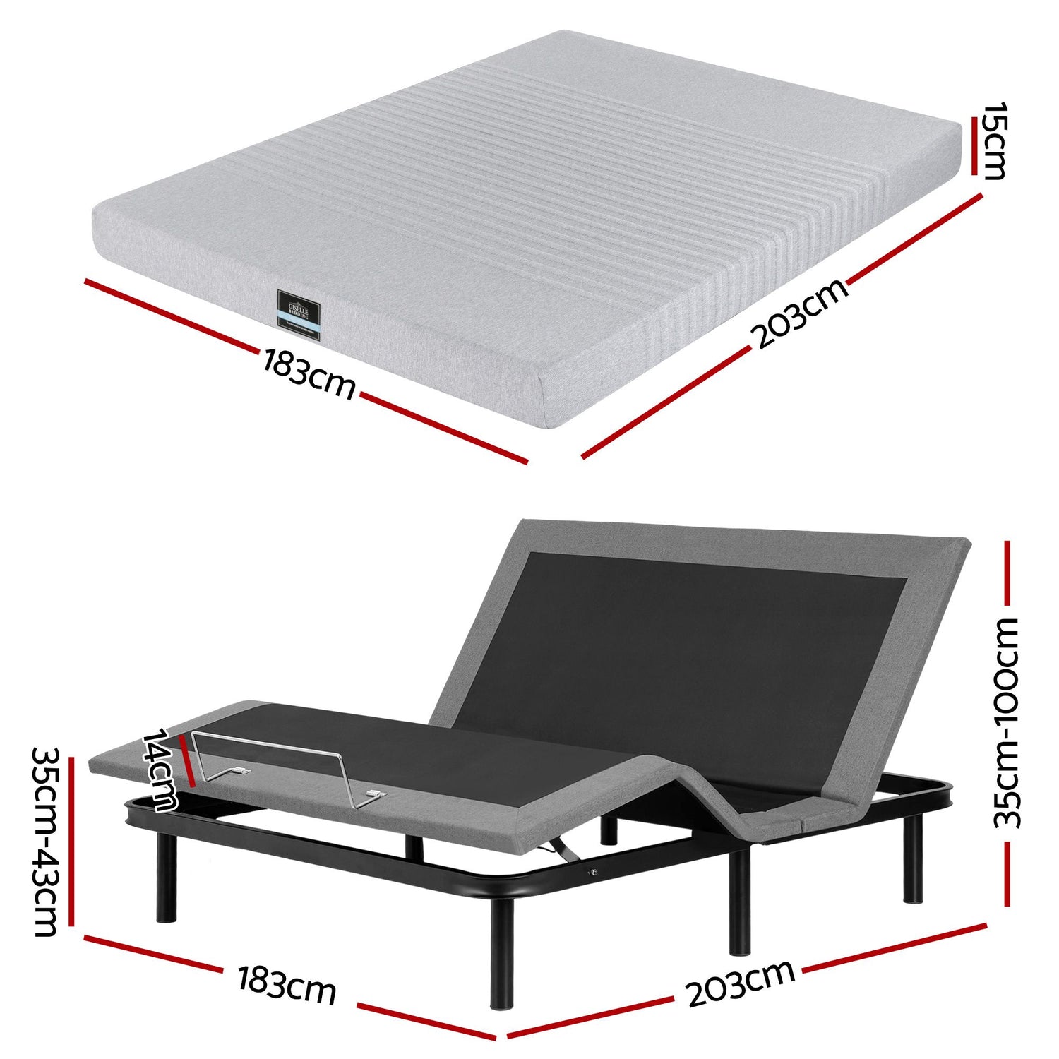 Artiss King Bed Frame and Giselle Bedding King Memory Foam Mattress Set, Electric Bed Base with Zero Gravity &amp; 7 Zone Cooling Comfort for Back Pain Relief, Black &amp; Grey, 15cm Thickness