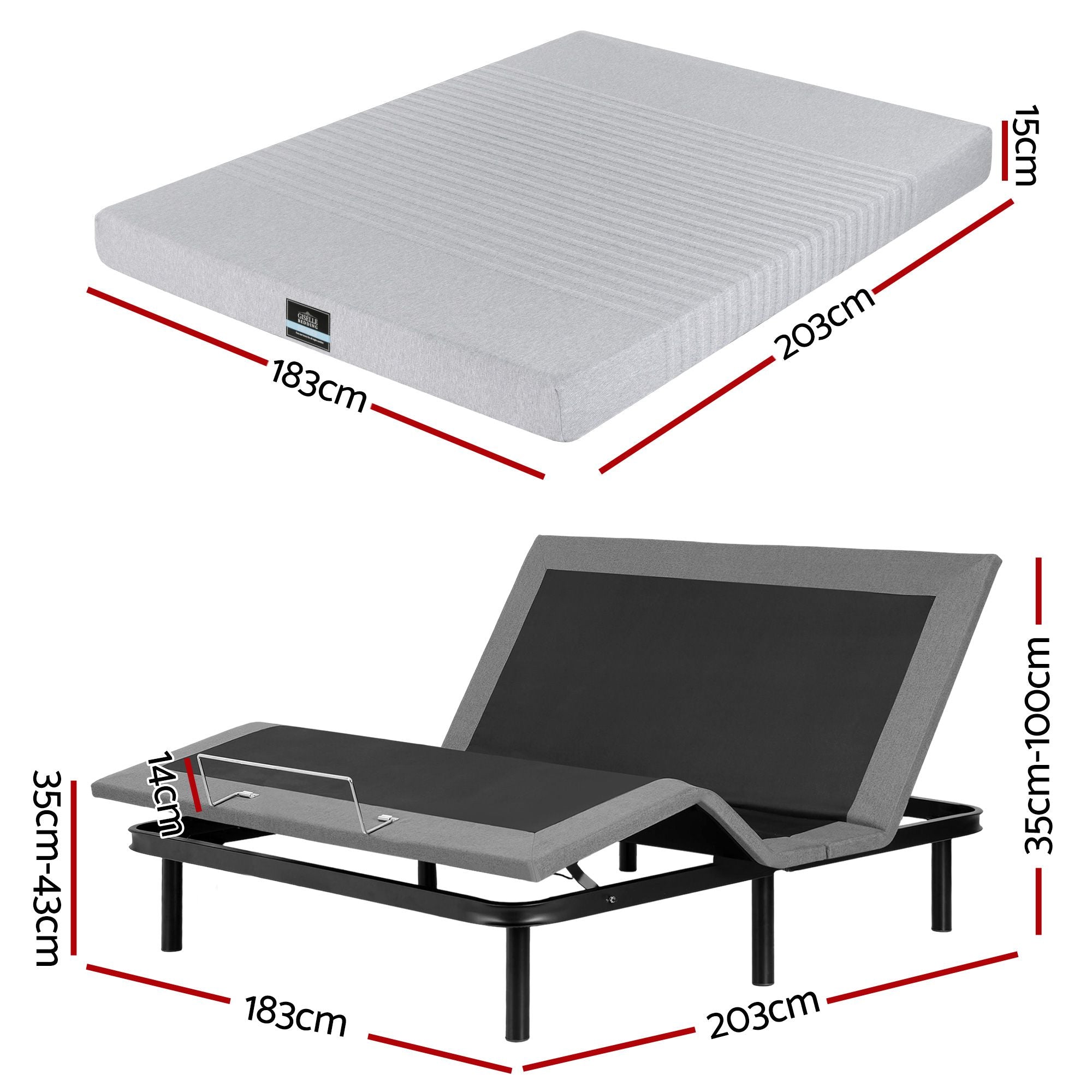Artiss King Bed Frame and Giselle Bedding King Memory Foam Mattress Set, Electric Bed Base with Zero Gravity &amp; 7 Zone Cooling Comfort for Back Pain Relief, Black &amp; Grey, 15cm Thickness