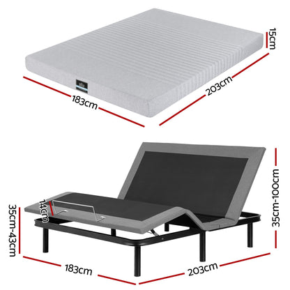 Artiss King Bed Frame and Giselle Bedding King Memory Foam Mattress Set, Electric Bed Base with Zero Gravity &amp; 7 Zone Cooling Comfort for Back Pain Relief, Black &amp; Grey, 15cm Thickness