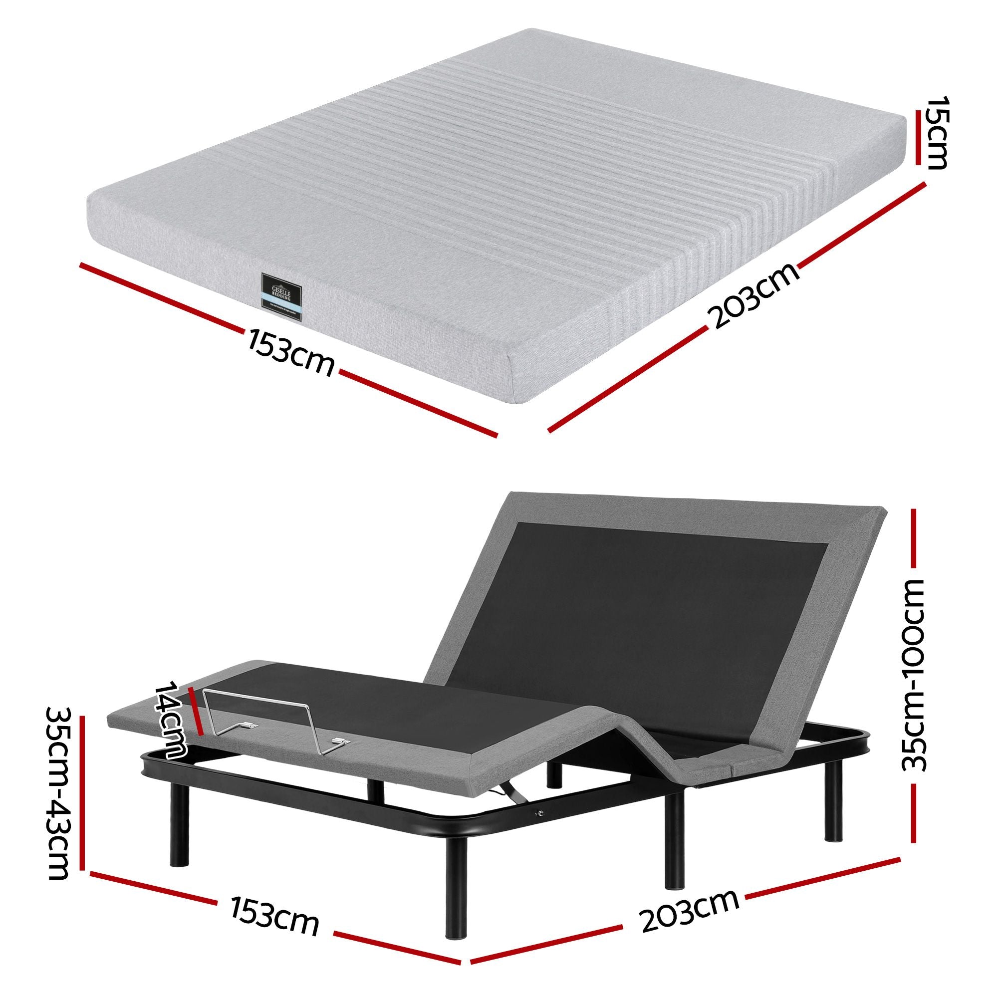Artiss Queen Bed Frame and Giselle Bedding Queen Memory Foam Mattress Set, Electric Bed Base with Zero Gravity &amp; 7 Zone Cooling Comfort for Back Pain Relief, Black &amp; Grey, 15cm Thickness