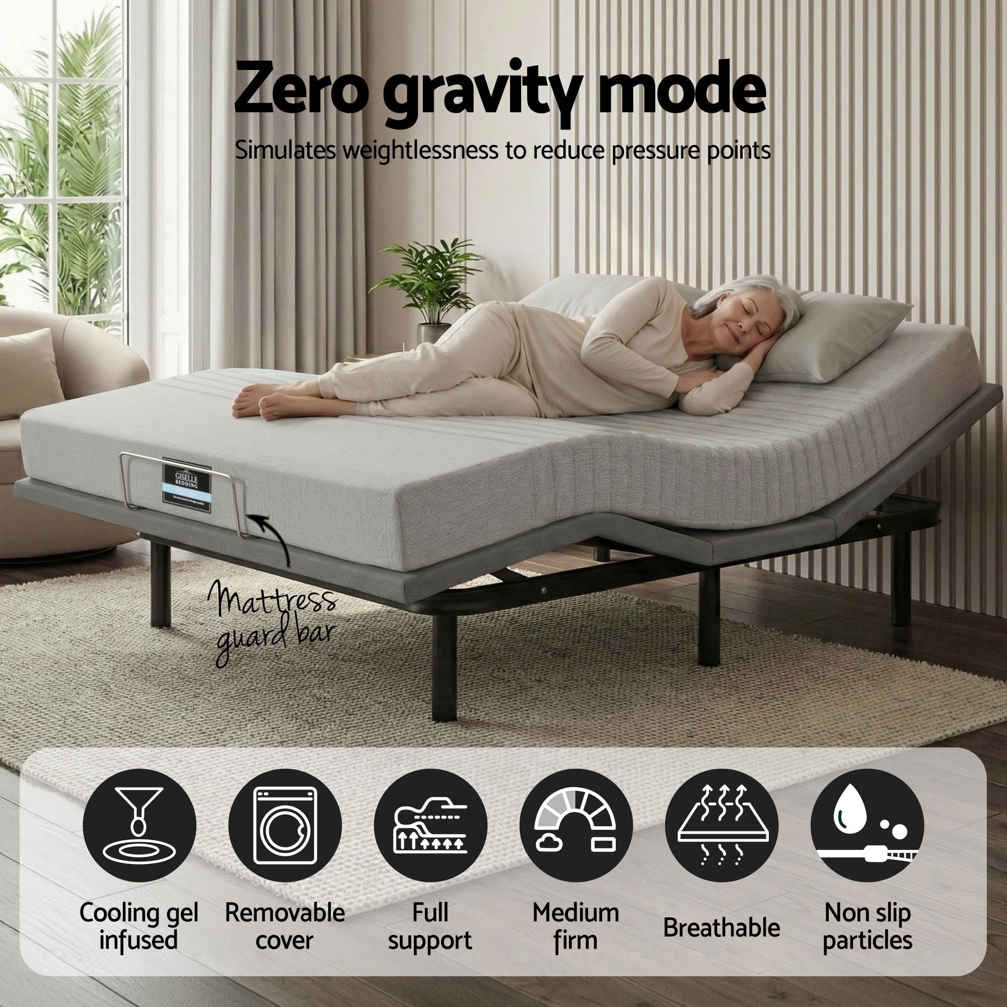 Artiss Queen Bed Frame and Giselle Bedding Queen Memory Foam Mattress Set, Electric Bed Base with Zero Gravity &amp; 7 Zone Cooling Comfort for Back Pain Relief, Black &amp; Grey, 15cm Thickness
