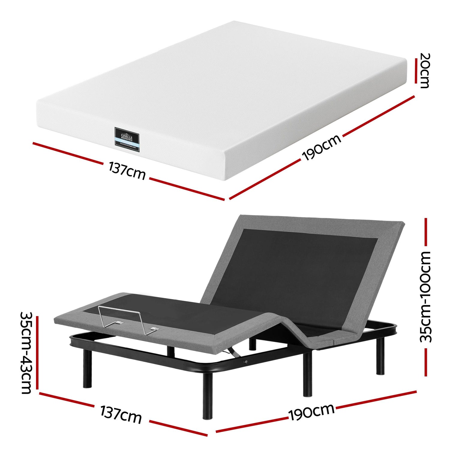Artiss Double size bed frame &amp; Giselle Bedding Double Mattress Combo, adjustable bed Base for Snoring Relief, Independent Head Foot Incline, Wireless Remote, Black,20cm Thickness